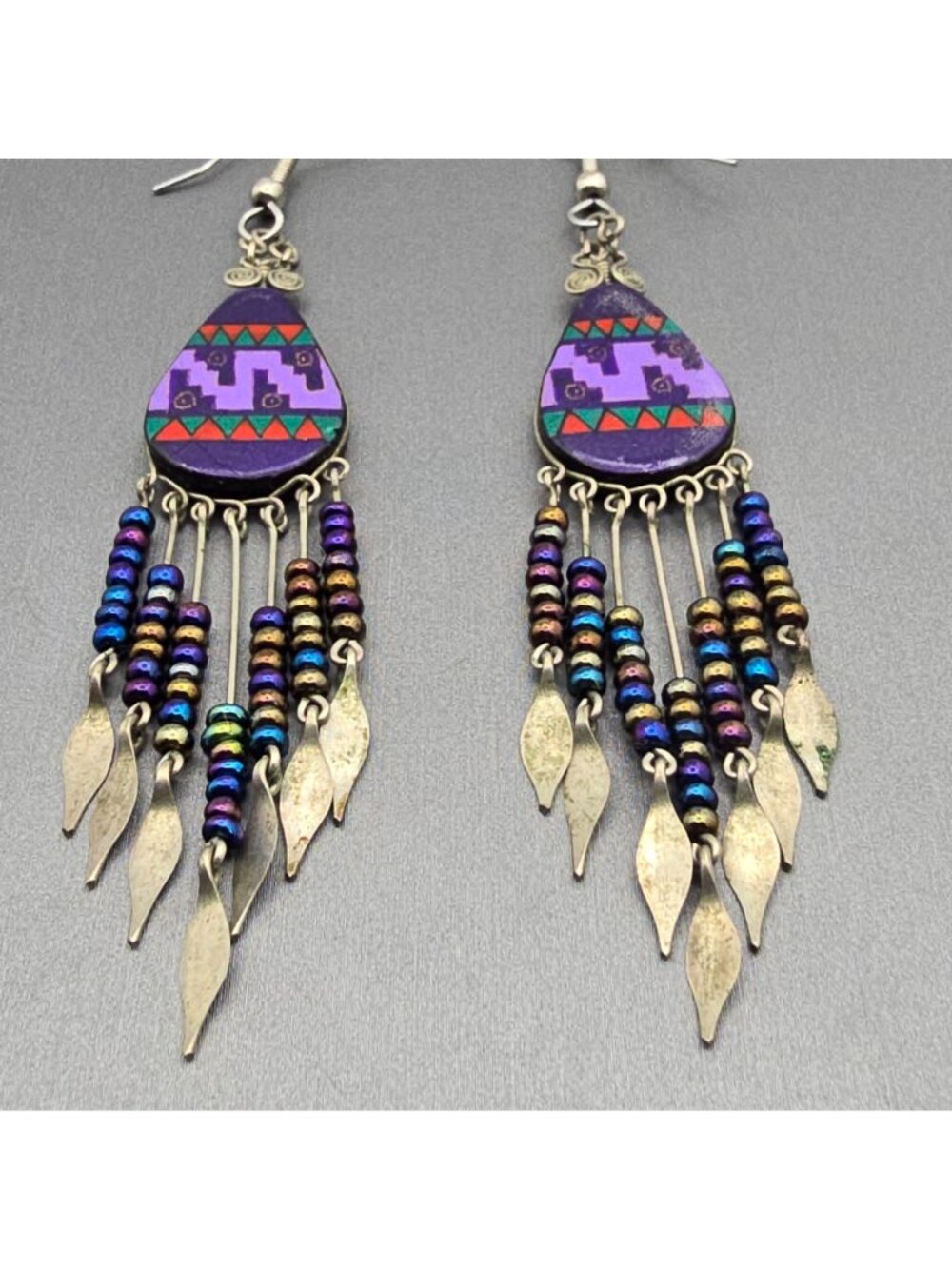 VTG Southwestern Dangle Earrings 3.75" Purple Beaded Fringe Aztec Boho Tribal - Picture 3 of 10